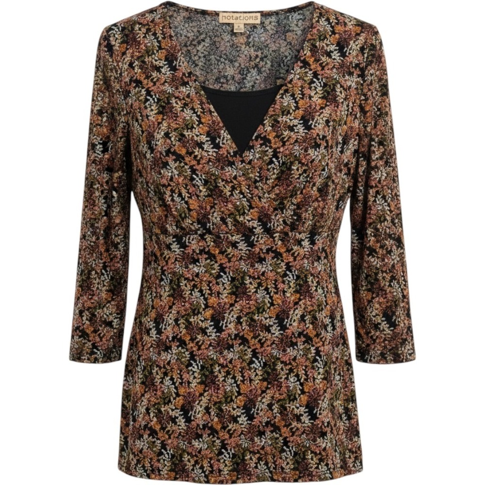 Notations Babydoll Top Women Sz M Multicolor Floral V-Neck 3/4 Sleeve Blouse 90s